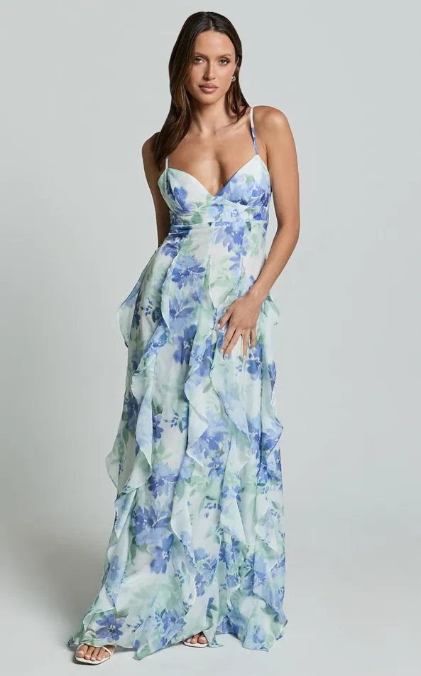 Showpo Amalie The Label 8211 Rosalie Strappy Cut Out Ruffle Detail Maxi Dress In Elysian Print Women Dresses