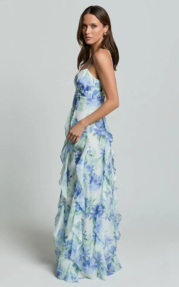 Showpo Amalie The Label 8211 Rosalie Strappy Cut Out Ruffle Detail Maxi Dress In Elysian Print Women Dresses