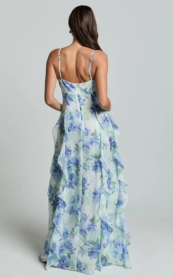Showpo Amalie The Label 8211 Rosalie Strappy Cut Out Ruffle Detail Maxi Dress In Elysian Print Women Dresses