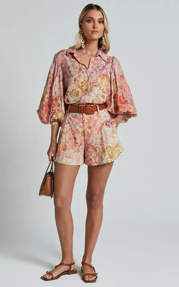 Showpo Amalie The Label 8211 Sabine Puff Sleeve Button Through Blouse In Morocco Print Women Tops