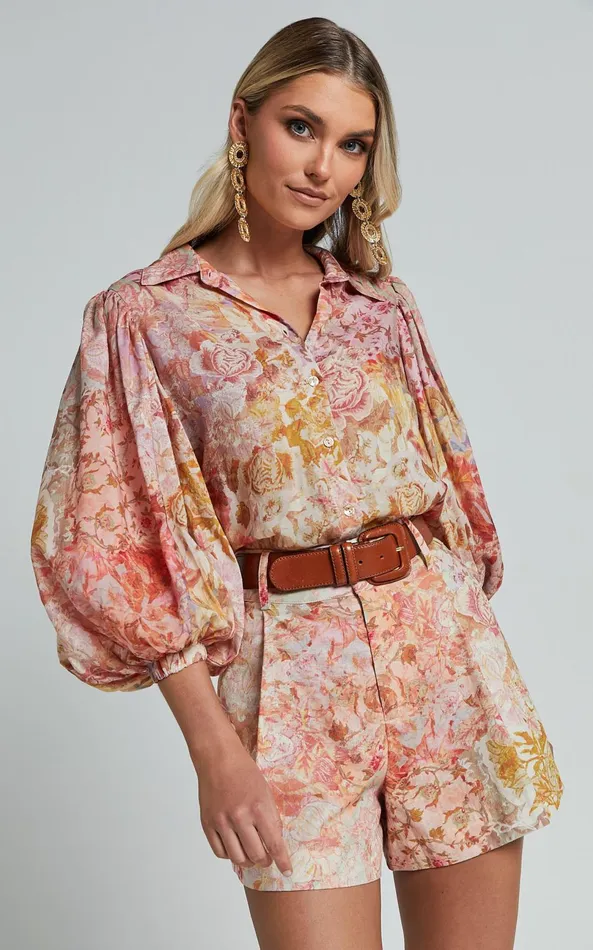 Showpo Amalie The Label 8211 Sabine Puff Sleeve Button Through Blouse In Morocco Print Women Tops