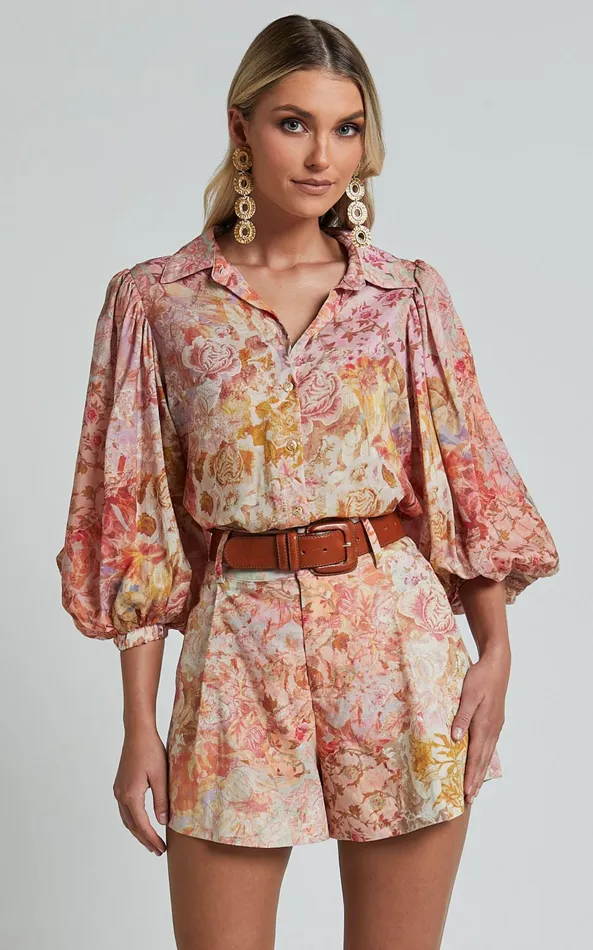 Showpo Amalie The Label 8211 Sabine Puff Sleeve Button Through Blouse In Morocco Print Women Tops
