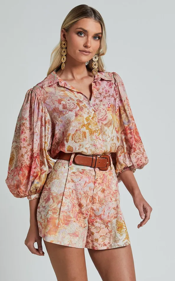 Showpo Amalie The Label 8211 Sabine Puff Sleeve Button Through Blouse In Morocco Print Women Tops