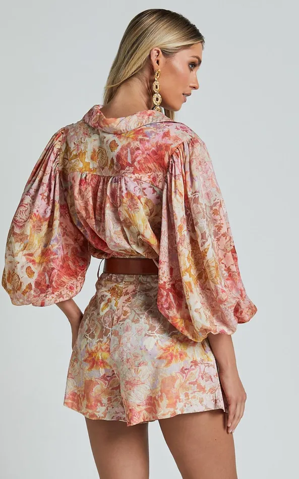 Showpo Amalie The Label 8211 Sabine Puff Sleeve Button Through Blouse In Morocco Print Women Tops