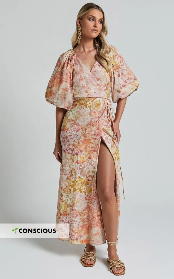 Showpo Amalie The Label 8211 Santana Linen Blend Puff Sleeve Wrap Midi Dress In Morocco Print Women Dresses Showpo Amalie The Label 8211 Santana Linen Blend Puff Sleeve Wrap Midi Dress In Morocco Print Women Dresses