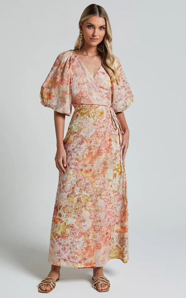 Showpo Amalie The Label 8211 Santana Linen Blend Puff Sleeve Wrap Midi Dress In Morocco Print Women Dresses