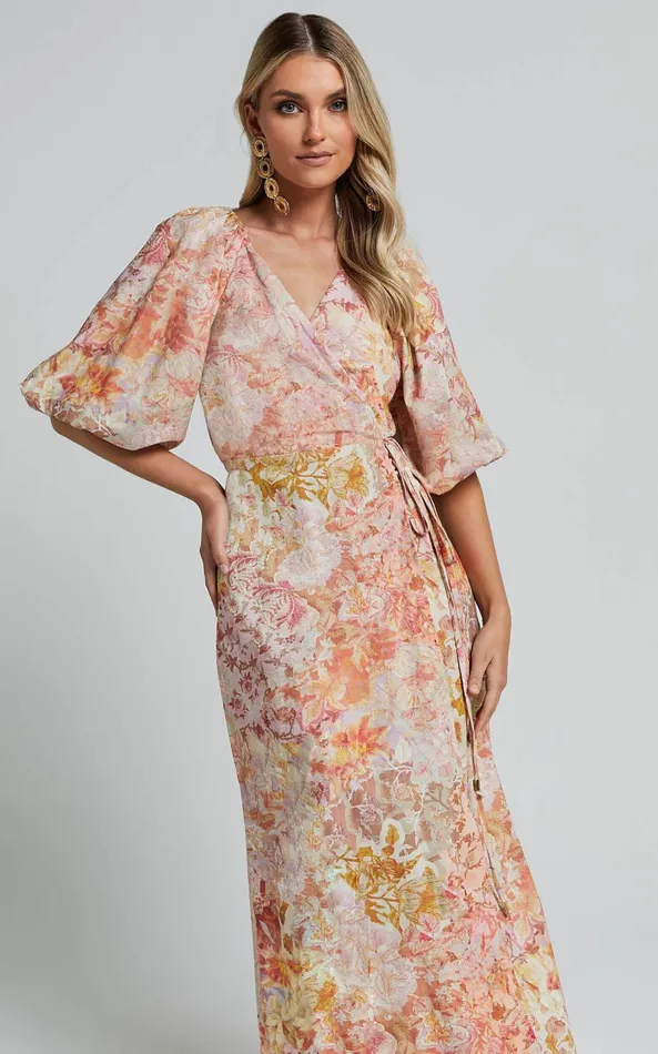 Showpo Amalie The Label 8211 Santana Linen Blend Puff Sleeve Wrap Midi Dress In Morocco Print Women Dresses