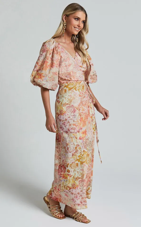 Showpo Amalie The Label 8211 Santana Linen Blend Puff Sleeve Wrap Midi Dress In Morocco Print Women Dresses