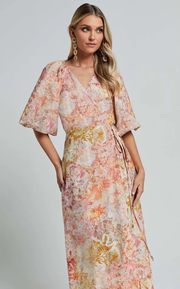 Showpo Amalie The Label 8211 Santana Linen Blend Puff Sleeve Wrap Midi Dress In Morocco Print Women Dresses
