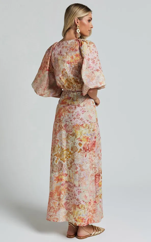 Showpo Amalie The Label 8211 Santana Linen Blend Puff Sleeve Wrap Midi Dress In Morocco Print Women Dresses