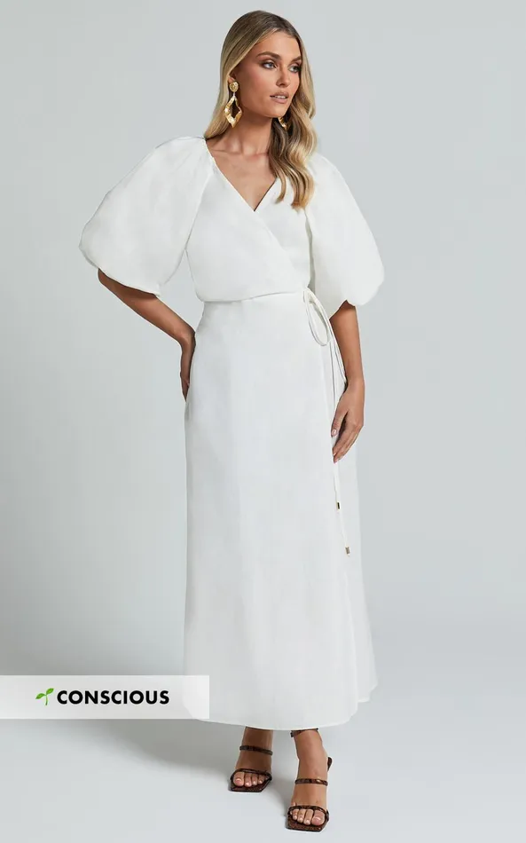 Showpo Amalie The Label 8211 Santana Linen Blend Puff Sleeve Wrap Midi Dress In White Women Dresses Showpo Amalie The Label 8211 Santana Linen Blend Puff Sleeve Wrap Midi Dress In White Women Dresses