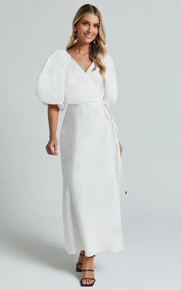 Showpo Amalie The Label 8211 Santana Linen Blend Puff Sleeve Wrap Midi Dress In White Women Dresses