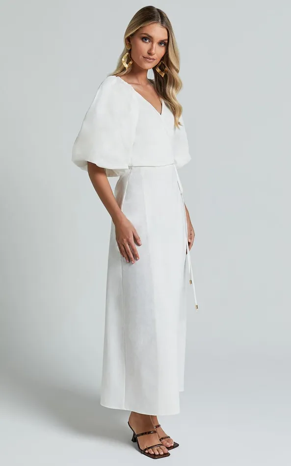 Showpo Amalie The Label 8211 Santana Linen Blend Puff Sleeve Wrap Midi Dress In White Women Dresses