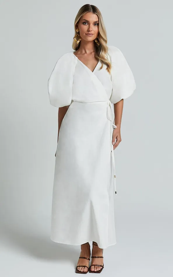 Showpo Amalie The Label 8211 Santana Linen Blend Puff Sleeve Wrap Midi Dress In White Women Dresses