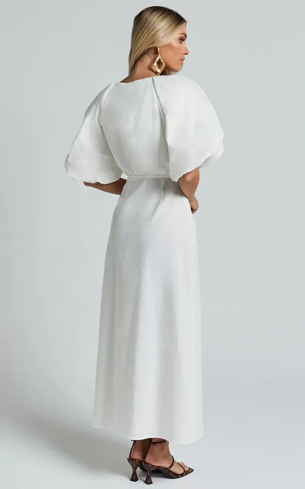 Showpo Amalie The Label 8211 Santana Linen Blend Puff Sleeve Wrap Midi Dress In White Women Dresses
