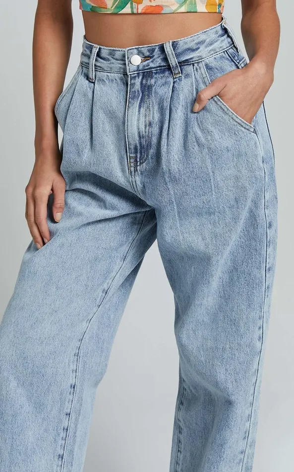 Showpo Amalie The Label 8211 Sarina Recycled Cotton High Waisted Denim Jeans In Light Blue Wash Women Denim