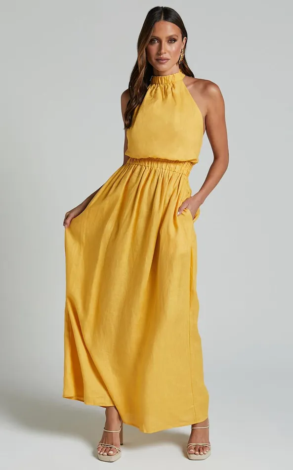 Showpo Amalie The Label 8211 Shepard Linen Blend Halter Neck Maxi Dress In Yellow Women Dresses