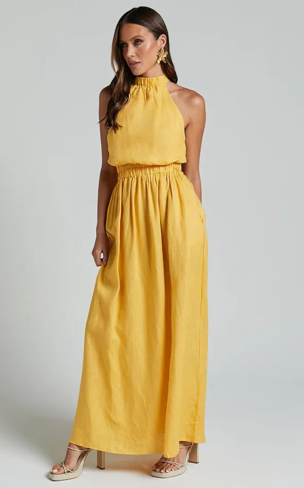 Showpo Amalie The Label 8211 Shepard Linen Blend Halter Neck Maxi Dress In Yellow Women Dresses