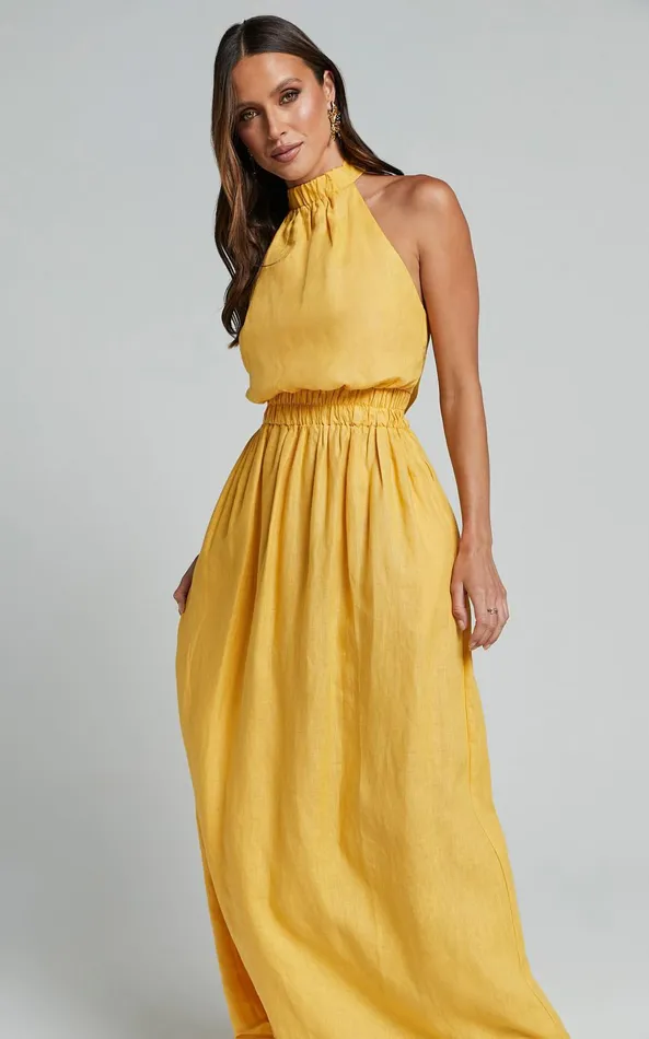 Showpo Amalie The Label 8211 Shepard Linen Blend Halter Neck Maxi Dress In Yellow Women Dresses