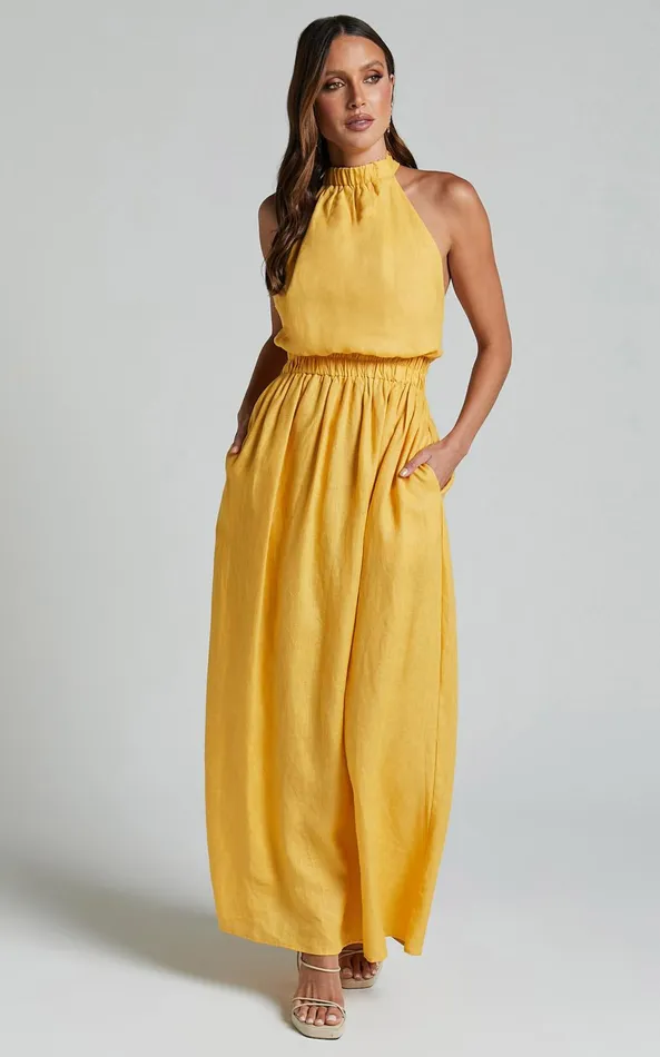 Showpo Amalie The Label 8211 Shepard Linen Blend Halter Neck Maxi Dress In Yellow Women Dresses