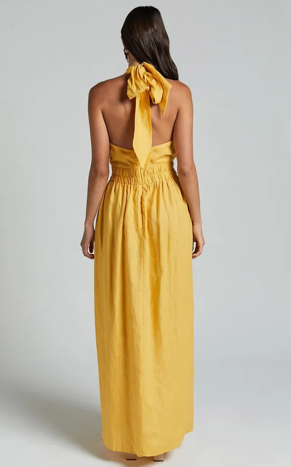 Showpo Amalie The Label 8211 Shepard Linen Blend Halter Neck Maxi Dress In Yellow Women Dresses