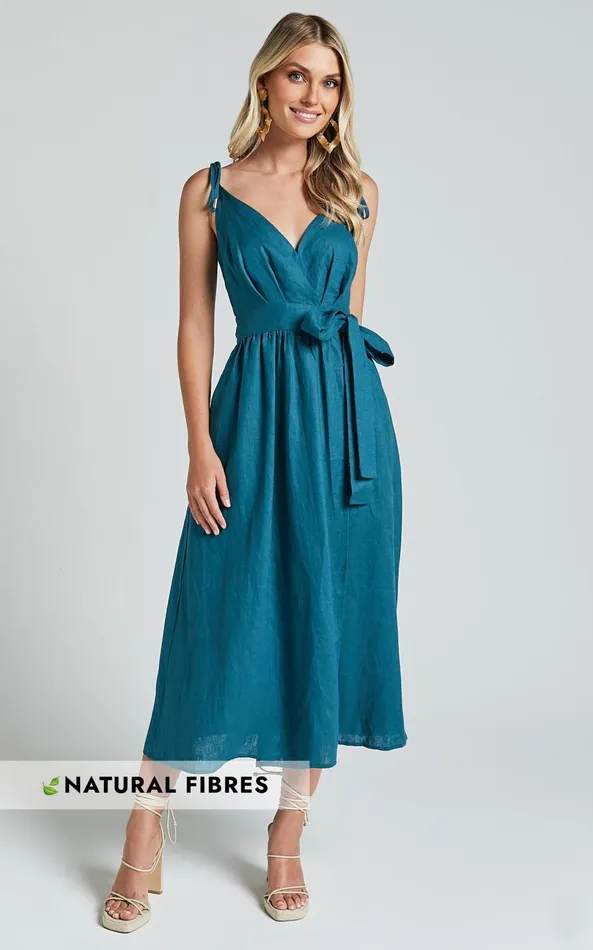 Showpo Amalie The Label 8211 Siena Linen Tie Shoulder Wrap Midi Dress In Moss Women Dresses Showpo Amalie The Label 8211 Siena Linen Tie Shoulder Wrap Midi Dress In Moss Women Dresses