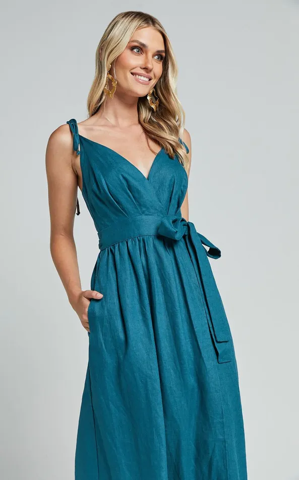 Showpo Amalie The Label 8211 Siena Linen Tie Shoulder Wrap Midi Dress In Moss Women Dresses