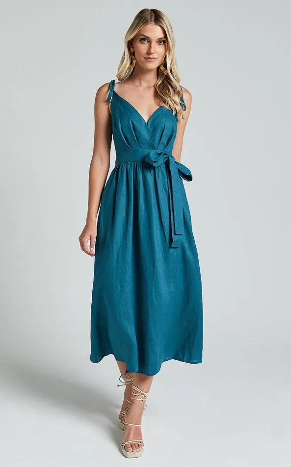 Showpo Amalie The Label 8211 Siena Linen Tie Shoulder Wrap Midi Dress In Moss Women Dresses