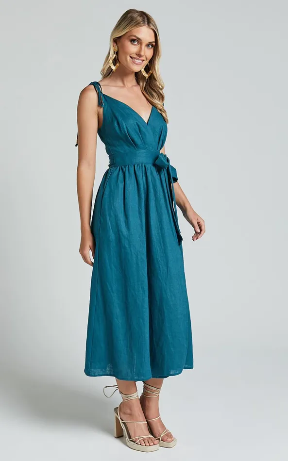 Showpo Amalie The Label 8211 Siena Linen Tie Shoulder Wrap Midi Dress In Moss Women Dresses