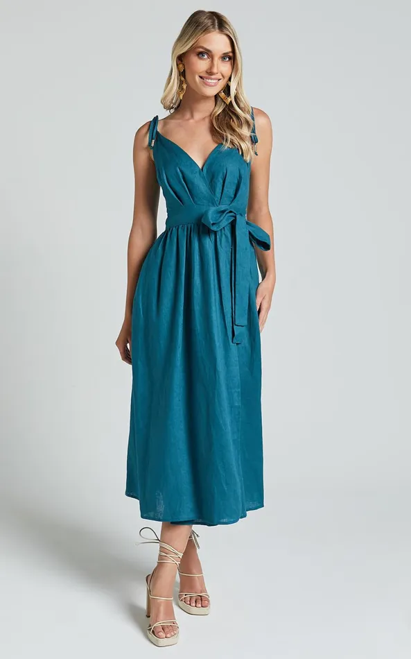 Showpo Amalie The Label 8211 Siena Linen Tie Shoulder Wrap Midi Dress In Moss Women Dresses