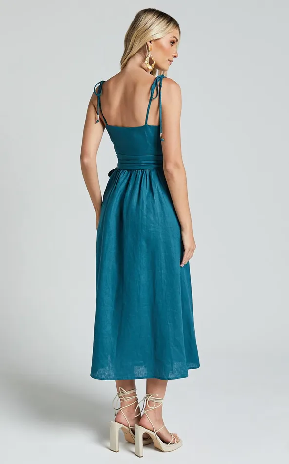 Showpo Amalie The Label 8211 Siena Linen Tie Shoulder Wrap Midi Dress In Moss Women Dresses