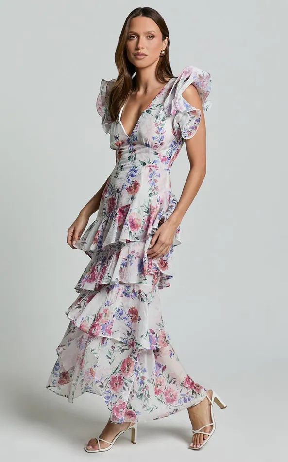 Showpo Amalie The Label 8211 Sienah Ruffle Sleeve Tiered Midi Dress In Delhia Floral Print Women Dresses