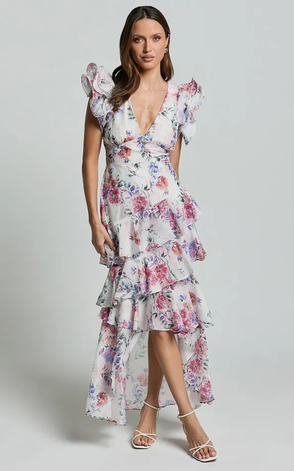 Showpo Amalie The Label 8211 Sienah Ruffle Sleeve Tiered Midi Dress In Delhia Floral Print Women Dresses