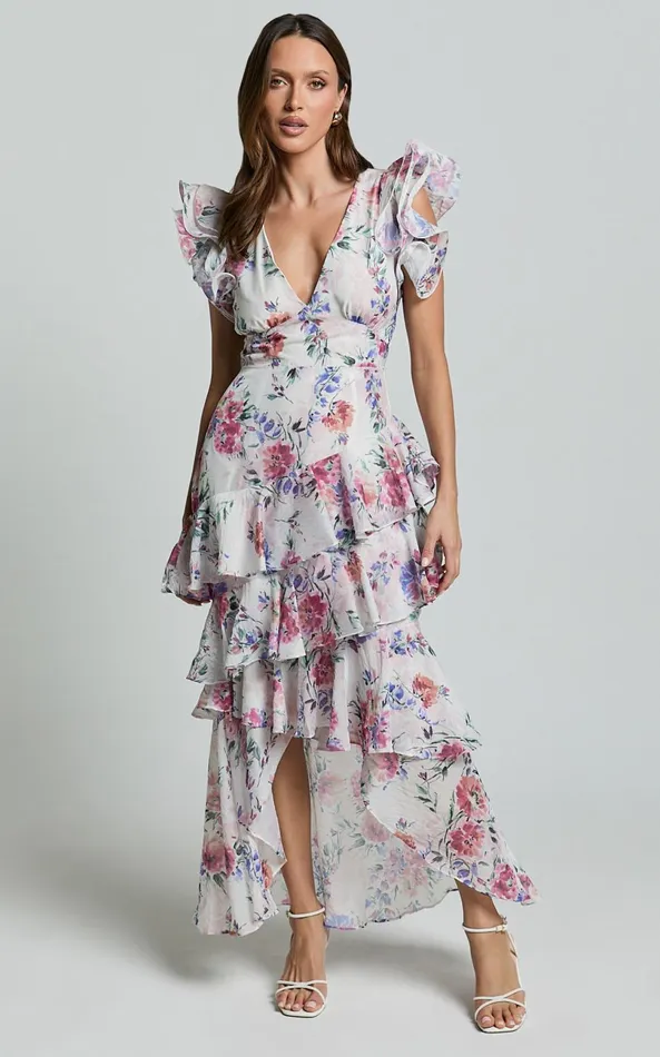 Showpo Amalie The Label 8211 Sienah Ruffle Sleeve Tiered Midi Dress In Delhia Floral Print Women Dresses