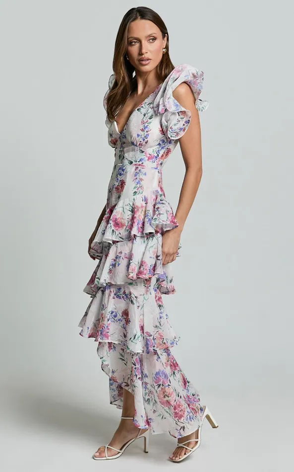 Showpo Amalie The Label 8211 Sienah Ruffle Sleeve Tiered Midi Dress In Delhia Floral Print Women Dresses