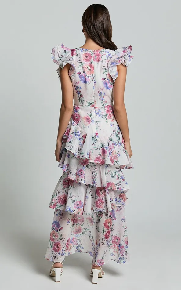 Showpo Amalie The Label 8211 Sienah Ruffle Sleeve Tiered Midi Dress In Delhia Floral Print Women Dresses