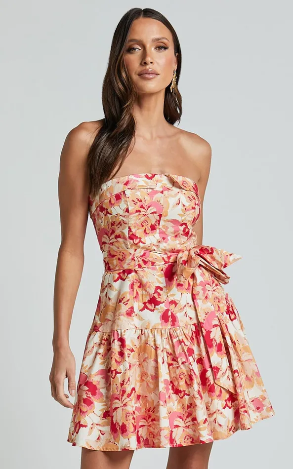 Showpo Amalie The Label 8211 Simmona Linen Blend Strapless Tie Waist Mini Dress In Sienna Print Women Dresses