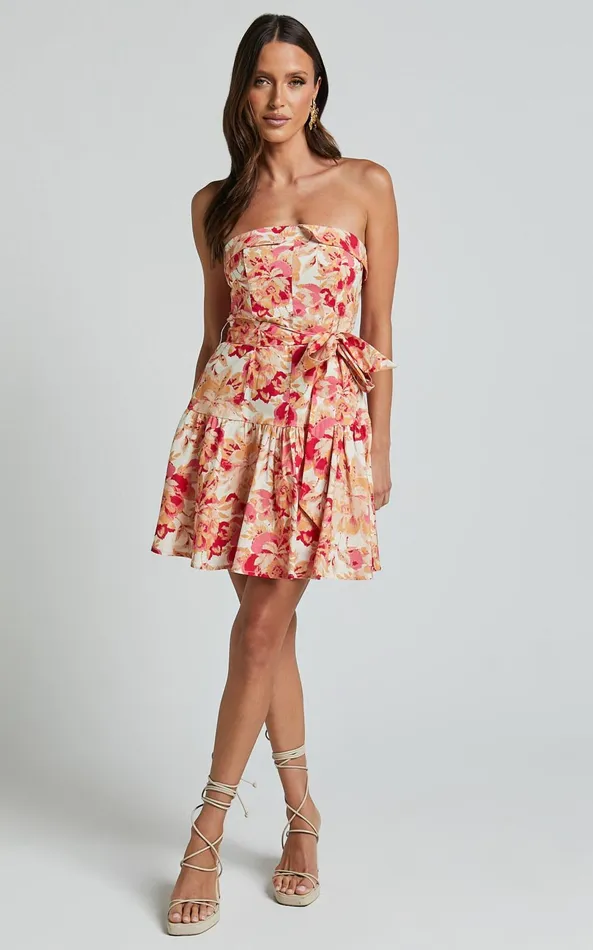 Showpo Amalie The Label 8211 Simmona Linen Blend Strapless Tie Waist Mini Dress In Sienna Print Women Dresses