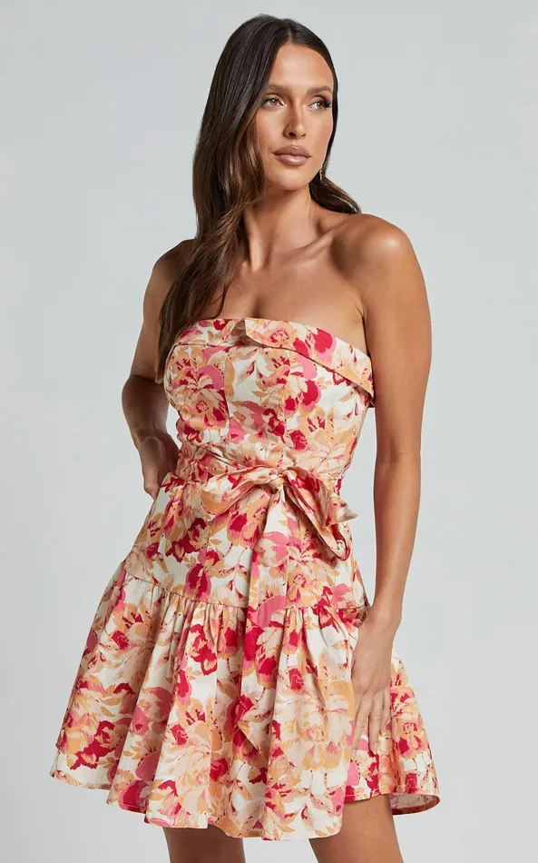 Showpo Amalie The Label 8211 Simmona Linen Blend Strapless Tie Waist Mini Dress In Sienna Print Women Dresses