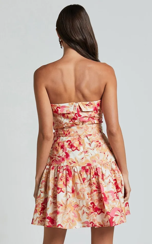 Showpo Amalie The Label 8211 Simmona Linen Blend Strapless Tie Waist Mini Dress In Sienna Print Women Dresses
