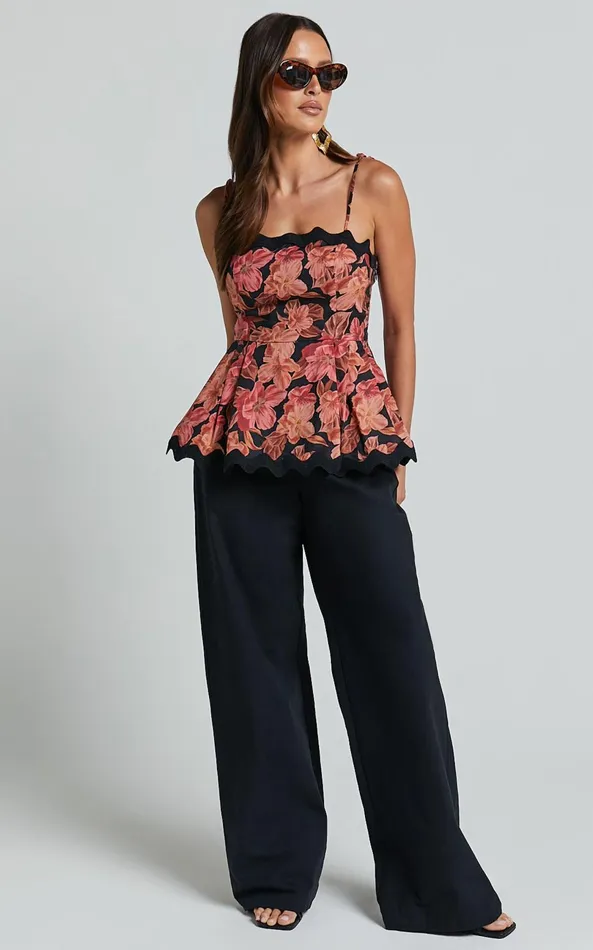Showpo Amalie The Label 8211 Sisia Linen Blend Tie Shoulder Peplum Cami Top In Atalie Print Women Tops