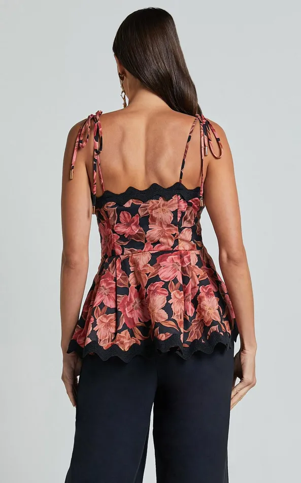 Showpo Amalie The Label 8211 Sisia Linen Blend Tie Shoulder Peplum Cami Top In Atalie Print Women Tops