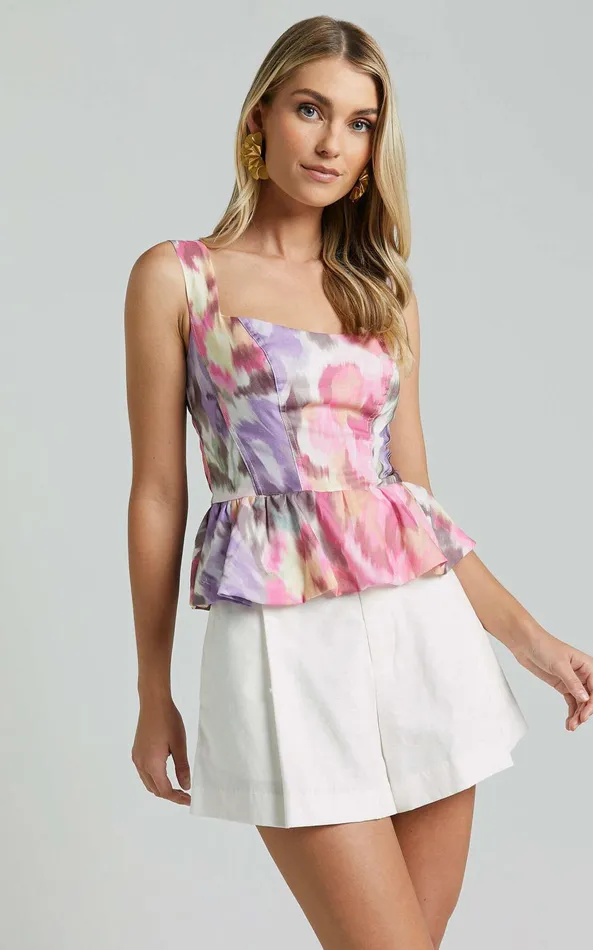 Showpo Amalie The Label 8211 Solene Linen Blend Scoop Neck Fitted Peplum Top In Montreuil Print Women Tops