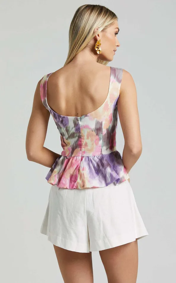Showpo Amalie The Label 8211 Solene Linen Blend Scoop Neck Fitted Peplum Top In Montreuil Print Women Tops