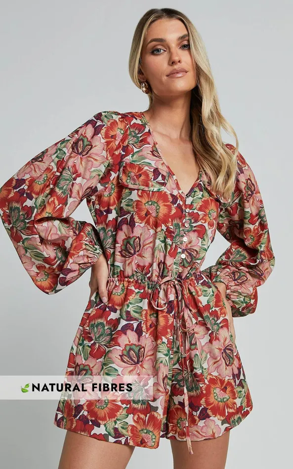 Showpo Amalie The Label 8211 Soliel Linen Blend Long Bishop Sleeve Playsuit In Musee Print Women Rompers Showpo Amalie The Label 8211 Soliel Linen Blend Long Bishop Sleeve Playsuit In Musee Print Women Rompers