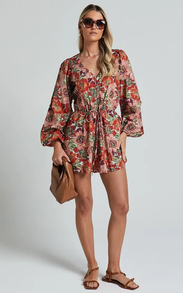 Showpo Amalie The Label 8211 Soliel Linen Blend Long Bishop Sleeve Playsuit In Musee Print Women Rompers