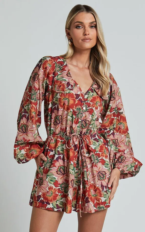 Showpo Amalie The Label 8211 Soliel Linen Blend Long Bishop Sleeve Playsuit In Musee Print Women Rompers