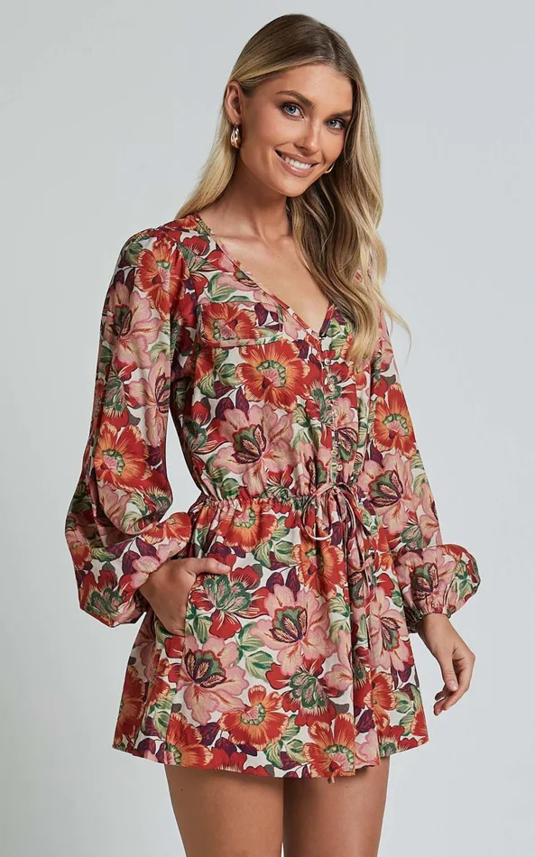 Showpo Amalie The Label 8211 Soliel Linen Blend Long Bishop Sleeve Playsuit In Musee Print Women Rompers