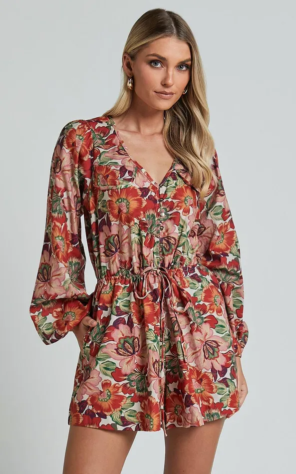 Showpo Amalie The Label 8211 Soliel Linen Blend Long Bishop Sleeve Playsuit In Musee Print Women Rompers