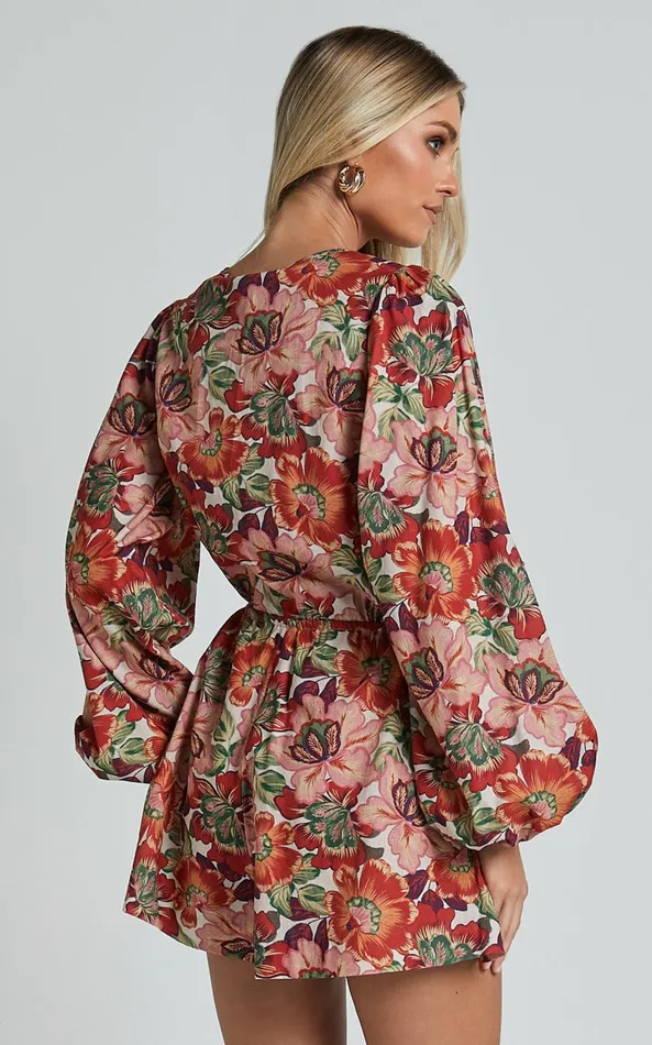Showpo Amalie The Label 8211 Soliel Linen Blend Long Bishop Sleeve Playsuit In Musee Print Women Rompers